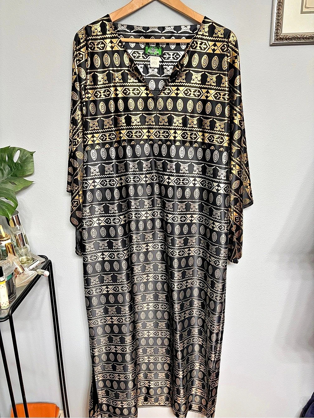 Vintage Kitzy Konnection  Geometric Maxi Metallic Foil Caftan Dress Size Small